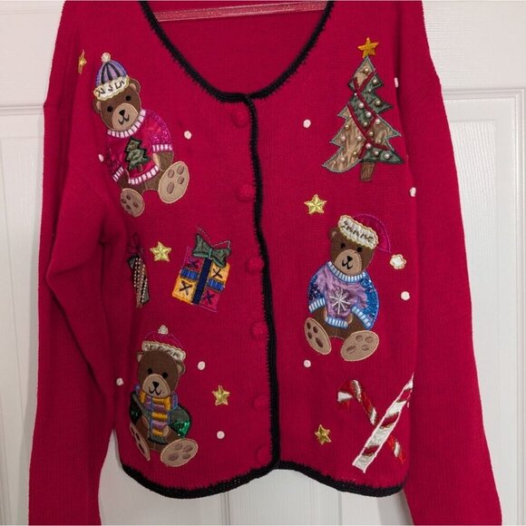 Nutcracker Teddy Bear Cardigan Womens Size Medium Red Embellished Ugly Christmas - Picture 2 of 12